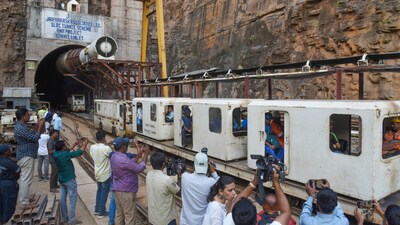 Telangana tunnel collapse: Rescue operation underway to extricate eight persons who have remained trapped for over 30 hours inside a tunnel after a section of it collapsed in the SLBC project. (PTI) Telangana tunnel collapse: Rescue operation underway to extricate eight persons who have remained trapped for over 30 hours inside a tunnel after a section of it collapsed in the SLBC project. (PTI)