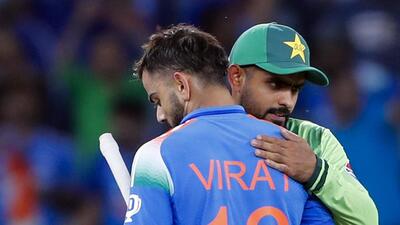 Pakistan’s top batter Babar Azam, who was a shadow of his past best, embraces Virat Kohli after his unbeaten century sealed India’s victory in Sunday’s Champions Trophy Group A match in Dubai. (ANI) Pakistan’s top batter Babar Azam, who was a shadow of his past best, embraces Virat Kohli after his unbeaten century sealed India’s victory in Sunday’s Champions Trophy Group A match in Dubai. (ANI)