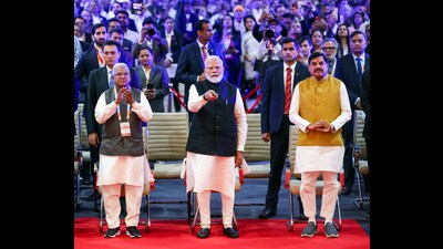 Prime Minister Narendra Modi inaugurates the Global Investors Summit 2025, in Bhopal on Monday. Madhya Pradesh governor Mangubhai Patel and chief minister Mohan Yadav were also present on the occasion. (ANI PHOTO) Prime Minister Narendra Modi inaugurates the Global Investors Summit 2025, in Bhopal on Monday. Madhya Pradesh governor Mangubhai Patel and chief minister Mohan Yadav were also present on the occasion. (ANI PHOTO)