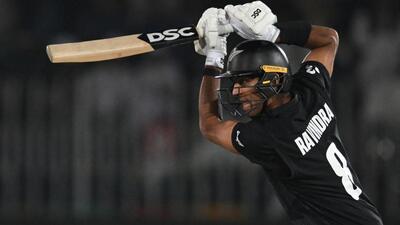 Rachin Ravindra in action against Bangladesh in Rawalpindi on Monday. (AFP) Rachin Ravindra in action against Bangladesh in Rawalpindi on Monday. (AFP)