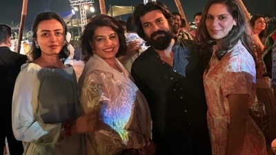 Namrata Shirodkar with Pinky Reddy, Ram Charan and Upasana Konidela in Abu Dhabi.