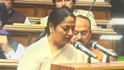 Delhi chief minister Rekha Gupta takes oath as an MLA on the first day of the assembly session. (Alok KN Mishra/X) Delhi chief minister Rekha Gupta takes oath as an MLA on the first day of the assembly session. (Alok KN Mishra/X)