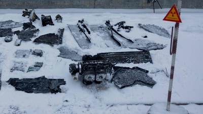 This photograph shows parts of an explosive device at the New Safe Confinement (NSC), which protects the remains of reactor 4 of the former Chernobyl Nuclear Power Plant to contain radiation, following a drone attack amid the Russian invasion of Ukraine. (AFP) This photograph shows parts of an explosive device at the New Safe Confinement (NSC), which protects the remains of reactor 4 of the former Chernobyl Nuclear Power Plant to contain radiation, following a drone attack amid the Russian invasion of Ukraine. (AFP)