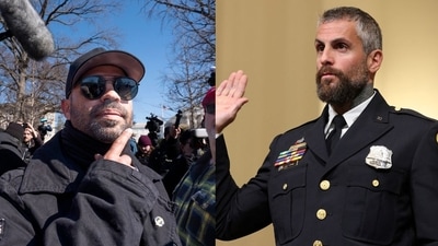 Enrique Tarrio confronted former Capitol Police officer Michael Fanone, resulting in a heated exchange in a viral video. ((AP Photo/J. Scott Applewhite, Chip Somodevilla/Pool via REUTERS/File Photo))