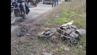 The bike that was hit by a truck at Nawan village on the Kapurthala-Goindwal road. (HT)