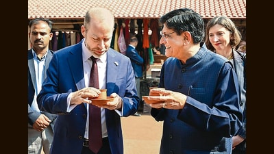 Union minister Piyush Goyal with UK Secretary of State for Business and Trade Jonathan Reynolds on Monday. (PTI) Union minister Piyush Goyal with UK Secretary of State for Business and Trade Jonathan Reynolds on Monday. (PTI)