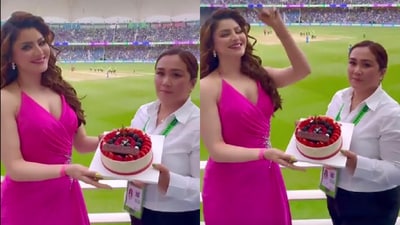 Urvashi Rautela gets a surprise birthday cake at India vs Pakistan match in Dubai. Urvashi Rautela gets a surprise birthday cake at India vs Pakistan match in Dubai.