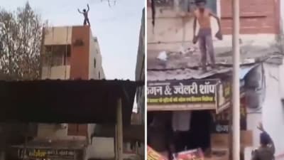 A viral video shows a man in Durg, Chhattisgarh, jumping from a three-storey building onto high-tension wires and surviving. (X/@MeghUpdates) A viral video shows a man in Durg, Chhattisgarh, jumping from a three-storey building onto high-tension wires and surviving. (X/@MeghUpdates)