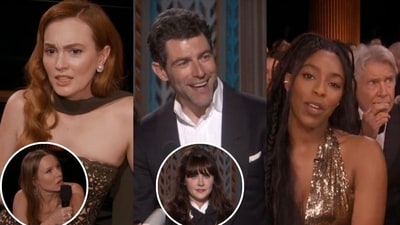 Gossip Girl's Leighton Meester and Kristen Bell, New Girls' Max Greenfield and Zooey Deschanel, and Shrinking's Jessica Williams and Harrison Ford reunited at the 31st SAG Awards on Sunday, Feb 23, 2025. (X / @Netflix)