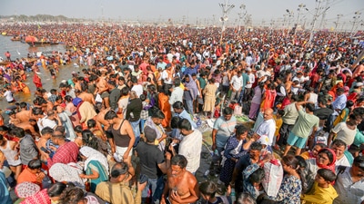 Devotees take a dip at Triveni Sangam during the ongoing Maha Kumbh, in Prayagraj on Monday, February 24. (ANI) Devotees take a dip at Triveni Sangam during the ongoing Maha Kumbh, in Prayagraj on Monday, February 24. (ANI)