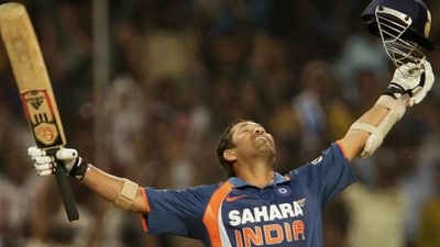 Sachin Tendulkar celebrates after scoring the first-ever double century by any batsman in ODI cricket. (AP)