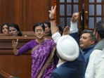 Leader of Opposition and AAP MLA Atishi and other party MLAs protest during the first day of the Delhi Legislative Assembly session, in New Delhi, Monday, Leader of Opposition and AAP MLA Atishi and other party MLAs protest during the first day of the Delhi Legislative Assembly session, in New Delhi, Monday,