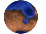 An illustration shows a hypothetical picture of Mars 3.6 billion years ago when an ocean may have covered nearly half the planet, released February 24, 2025. The blue areas show the depth of the ocean filled to the shoreline level of the ancient, now-gone sea, dubbed Deuteronilus. The orange star represents the landing site of the Chinese rover Zhurong and the yellow star is the site of NASA's Perseverance rover, which landed a few months before Zhurong.
