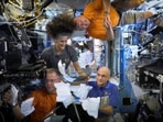 FILE PHOTO: NASA astronauts Sunita Williams, Nick Hague, Barry Wilmore, and Donald Pettit unbox Thanksgiving meals, from the International Space Station (ISS), in this screen grab taken from a handout video, released on November 26, 2024.