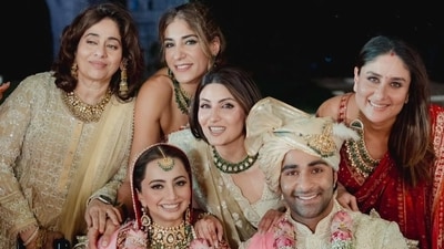 Alekha and Aadar pose with his sisters after the varmala ceremony. Alekha and Aadar pose with his sisters after the varmala ceremony.