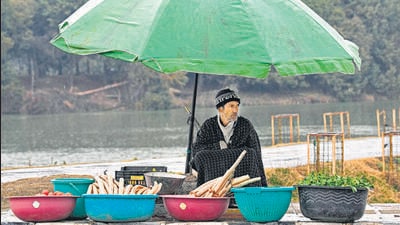 A Kashmiri vendor sells vegetables on the banks of Dal Lake amid rainfall in Srinagar on Tuesday. (AFP) A Kashmiri vendor sells vegetables on the banks of Dal Lake amid rainfall in Srinagar on Tuesday. (AFP)