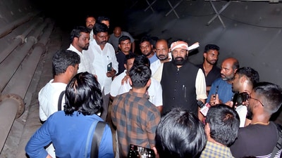 Telangana irrigation minister N Uttam Kumar Reddy along with state Minister for Tourism and Culture, Jupally Krishna Rao, was among several other key officials who visited the under-construction SLBC tunnel, a portion of which collapsed last week and trapped eight workers.&nbsp; (ANI)