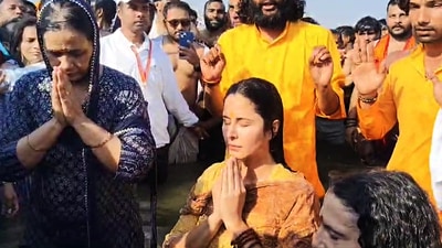  Bollywood actor Katrina Kaif with her mother-in-law Veena Kaushal and Sadhvi Bhagawati Saraswati offer prayers after taking a dip at Triveni Sangam during the ongoing 'MahaKumbh Mela 2025', in Prayagraj on Monday. (ANI ) Bollywood actor Katrina Kaif with her mother-in-law Veena Kaushal and Sadhvi Bhagawati Saraswati offer prayers after taking a dip at Triveni Sangam during the ongoing 'MahaKumbh Mela 2025', in Prayagraj on Monday. (ANI )