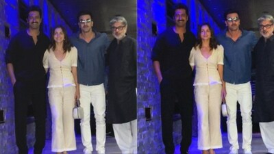 Vicky Kaushal, Alia Bhatt and Ranbir Kapoor posed with Sanjay Leela Bhansali at his birthday party. Vicky Kaushal, Alia Bhatt and Ranbir Kapoor posed with Sanjay Leela Bhansali at his birthday party.
