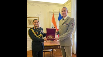 Army Chief General Upendra Dwivedi meets with General Pierre Schill, CEMAT (French Army Chief) during official visit to France. (PTI PHOTO) Army Chief General Upendra Dwivedi meets with General Pierre Schill, CEMAT (French Army Chief) during official visit to France. (PTI PHOTO)