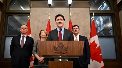 Canada's Prime Minister Justin Trudeau addresses media following the imposition of a raft of tariffs by US President Donald Trump against Canada, Mexico and China in Ottawa on Feb. 1, 2025. (AP) Canada's Prime Minister Justin Trudeau addresses media following the imposition of a raft of tariffs by US President Donald Trump against Canada, Mexico and China in Ottawa on Feb. 1, 2025. (AP)