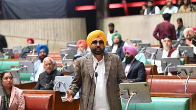 Chief minister Bhagwant Mann speaking on the resolution rejecting the Centre’s draft of the National Policy Framework on Agricultural Marketing in the Punjab Vidhan Sabha on Tuesday. (Ravi Kumar/HT) Chief minister Bhagwant Mann speaking on the resolution rejecting the Centre’s draft of the National Policy Framework on Agricultural Marketing in the Punjab Vidhan Sabha on Tuesday. (Ravi Kumar/HT)