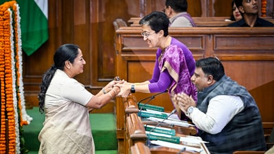 Delhi chief minister Rekha Gupta with LOP Atishi in the assembly. (Photo by Raj K Raj/ Hindustan Times) Delhi chief minister Rekha Gupta with LOP Atishi in the assembly. (Photo by Raj K Raj/ Hindustan Times)