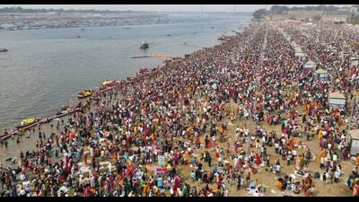 Devotees at the Sangam on the eve of Mahashivratri in Prayagraj on Tuesday. (Anil Kumar Maurya/HT)