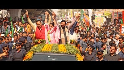 Haryana chief minister Nayab Singh Saini along with BJP candidate Komal Saini and BJP state chief Mohan Lal Badoli during campaigning in Panipat on Tuesday. (Sourced) Haryana chief minister Nayab Singh Saini along with BJP candidate Komal Saini and BJP state chief Mohan Lal Badoli during campaigning in Panipat on Tuesday. (Sourced)