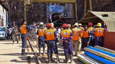 Teams of the National Disaster Response Force, State Disaster Response Force, along with the assistance of dog squad and local authorities, have been engaged in the rescue operations aimed at bringing the trapped workers out of the SLBC tunnel. (AFP)