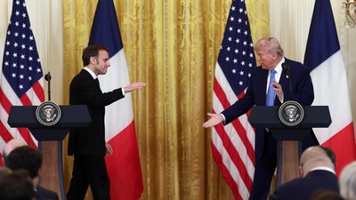 U.S. President Donald Trump and French President Emmanuel Macron hold a press conference, at the White House in Washington, D.C., U.S., February 24, 2025. (REUTERS)