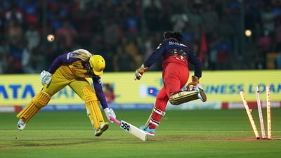 UP Warriorz batter Sophie Ecclestone gets run out during a Women's Premier League (WPL) 2025 cricket match between Royal Challengers Bengaluru (RCB) and UP Warriorz, at the M Chinnaswamy Stadium (PTI)