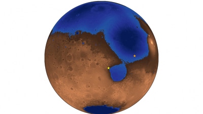 An illustration shows a hypothetical picture of Mars 3.6 billion years ago when an ocean may have covered nearly half the planet, released February 24, 2025. The blue areas show the depth of the ocean filled to the shoreline level of the ancient, now-gone sea, dubbed Deuteronilus. The orange star represents the landing site of the Chinese rover Zhurong and the yellow star is the site of NASA's Perseverance rover, which landed a few months before Zhurong. (REUTERS)