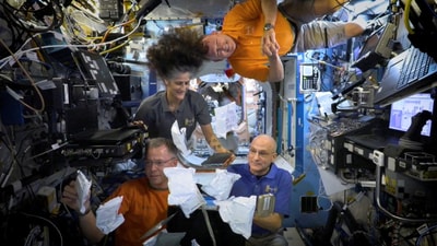 FILE PHOTO: NASA astronauts Sunita Williams, Nick Hague, Barry Wilmore, and Donald Pettit unbox Thanksgiving meals, from the International Space Station (ISS), in this screen grab taken from a handout video, released on November 26, 2024. (REUTERS)