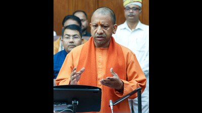 Uttar Pradesh chief minister Yogi Adityanath speaks in Uttar Pradesh Legislative Council in Lucknow,on Tuesday (PTI)