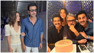 Alia Bhatt, Ranbir Kapoor, and Vicky Kaushal attend Sanjay Leela Bhansali's birthday dinner. Alia Bhatt, Ranbir Kapoor, and Vicky Kaushal attend Sanjay Leela Bhansali's birthday dinner.