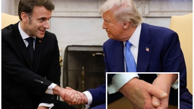 Trump grabbed Macron's hand to start the six-second power struggle as he made a playful remark that the French President had offered a deal on paper that differed from their verbal discussions. (AP/X@allthatyazzz) Trump grabbed Macron's hand to start the six-second power struggle as he made a playful remark that the French President had offered a deal on paper that differed from their verbal discussions. (AP/X@allthatyazzz)