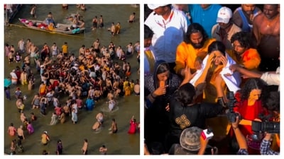 Katrina Kaif took a dip at the Sangam on Monday but a large crowd surrounded her. Katrina Kaif took a dip at the Sangam on Monday but a large crowd surrounded her.