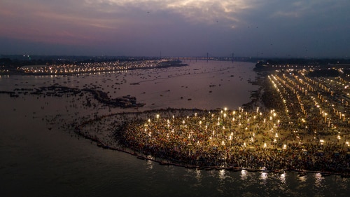 Prayagraj: The Sangam area illuminated on the eve of 'Maha Shivratri' festival. (PTI) Prayagraj: The Sangam area illuminated on the eve of 'Maha Shivratri' festival. (PTI)