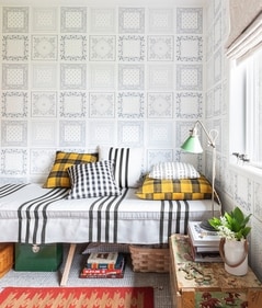 This image released by Portland Oregon-based interior designer Max Humphrey shows a room with a wallpaper design inspired by bandanas. (AP) This image released by Portland Oregon-based interior designer Max Humphrey shows a room with a wallpaper design inspired by bandanas. (AP)