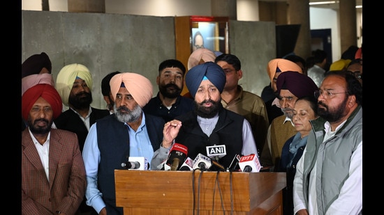 Congress MLA and Leader of Opposition Partap Singh Bajwa along with other Congress leaders on the second day of special session of Punjab Vidhan Sabha in Chandigarh on Tuesday. (Ravi Kumar/HT)