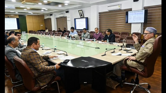 Jammu and Kashmir chief minister Omar Abdullah chairs a pre-budget meeting with various departments ahead of the budget session of J&K legislative assembly at the civil secretariat in Jammu on Tuesday. (ANI)