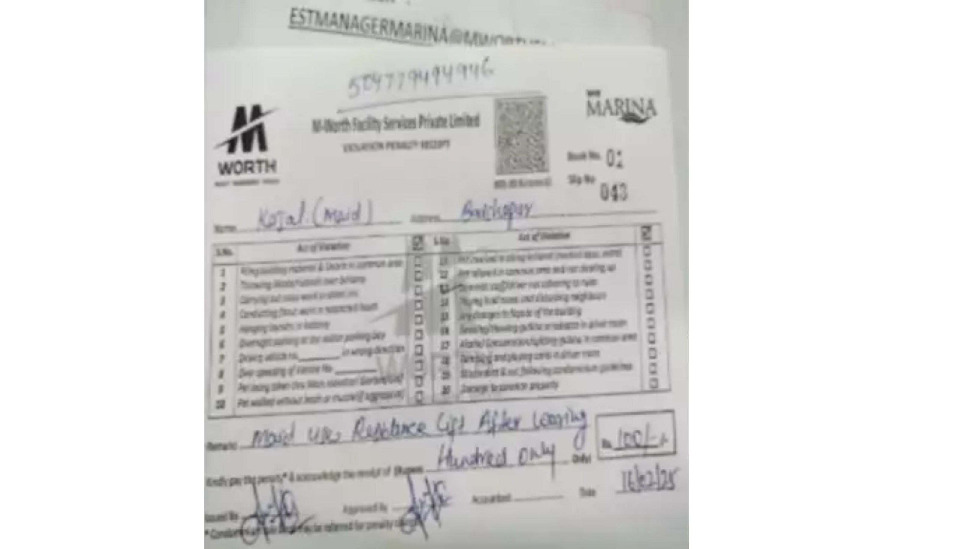The receipt of the fine issued to one of the domestic workers in the society (Photo: Reddit)