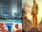 Trump himself makes multiple appearances in the video apart from the statue and face on a golden balloon. Trump himself makes multiple appearances in the video apart from the statue and face on a golden balloon.