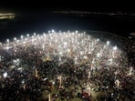 A drone shot of devotees gathered at the Triveni Sangam to take a holy dip on the occasion of Maha Shivratri on the last day of the Maha Kumbh Mela. 
