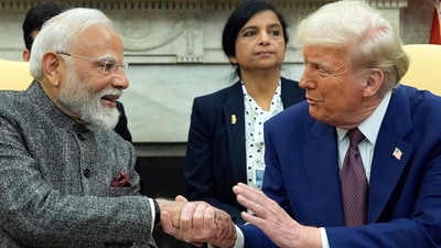 The White House attempted to quell rumors about President Donald Trump's unexplained bruise on Tuesday by claiming that the black-and-blue mark on the back of his dominant hand was caused by continuous handshaking.In pic: President Donald Trump shakes hands with India's Prime Minister Narendra Modi in the Oval Office of the White House. (AP)