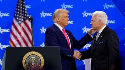 President Trump shakes hands with more Americans every day than any other president in history. "He demonstrates his unshakable dedication every single day," the White House said in a statement.In pic: US President Donald Trump, left, and Matt Schlapp, chairman of the American Conservative Union, shake hands during the Conservative Political Action Conference (CPAC). (Bloomberg)