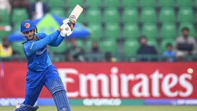 Azmatullah Omarzai (41, 31b) stitched a 72-run stand with Ibrahim Zadran for the fifth wicket. (AFP) Azmatullah Omarzai (41, 31b) stitched a 72-run stand with Ibrahim Zadran for the fifth wicket. (AFP)