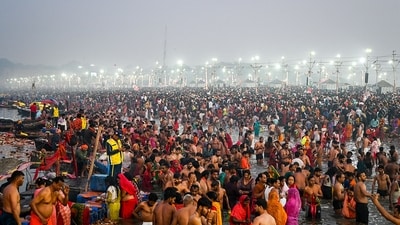 Pilgrims take a holy dip in Sangam, the confluence of Ganges, Yamuna and mythical Saraswati rivers, on the occasion of Maha Shivaratri during the Maha Kumbh Mela festival in Prayagraj. (Punit Paranjpe/AFP) Pilgrims take a holy dip in Sangam, the confluence of Ganges, Yamuna and mythical Saraswati rivers, on the occasion of Maha Shivaratri during the Maha Kumbh Mela festival in Prayagraj. (Punit Paranjpe/AFP)