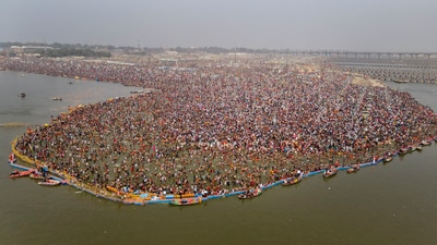 Prayagraj: An aerial view of devotees taking a holy dip at Sangam on the occasion of ‘Maha Shivratri’ during the ongoing ‘Maha Kumbh Mela’ festival. (PTI) Prayagraj: An aerial view of devotees taking a holy dip at Sangam on the occasion of ‘Maha Shivratri’ during the ongoing ‘Maha Kumbh Mela’ festival. (PTI)